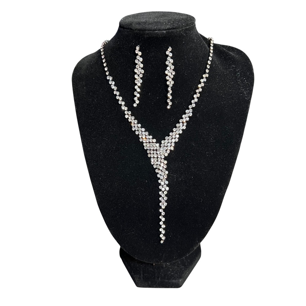 Rhinestone Necklace Earrings Set Women OS Silver Tone Bridal Wedding Prom Formal